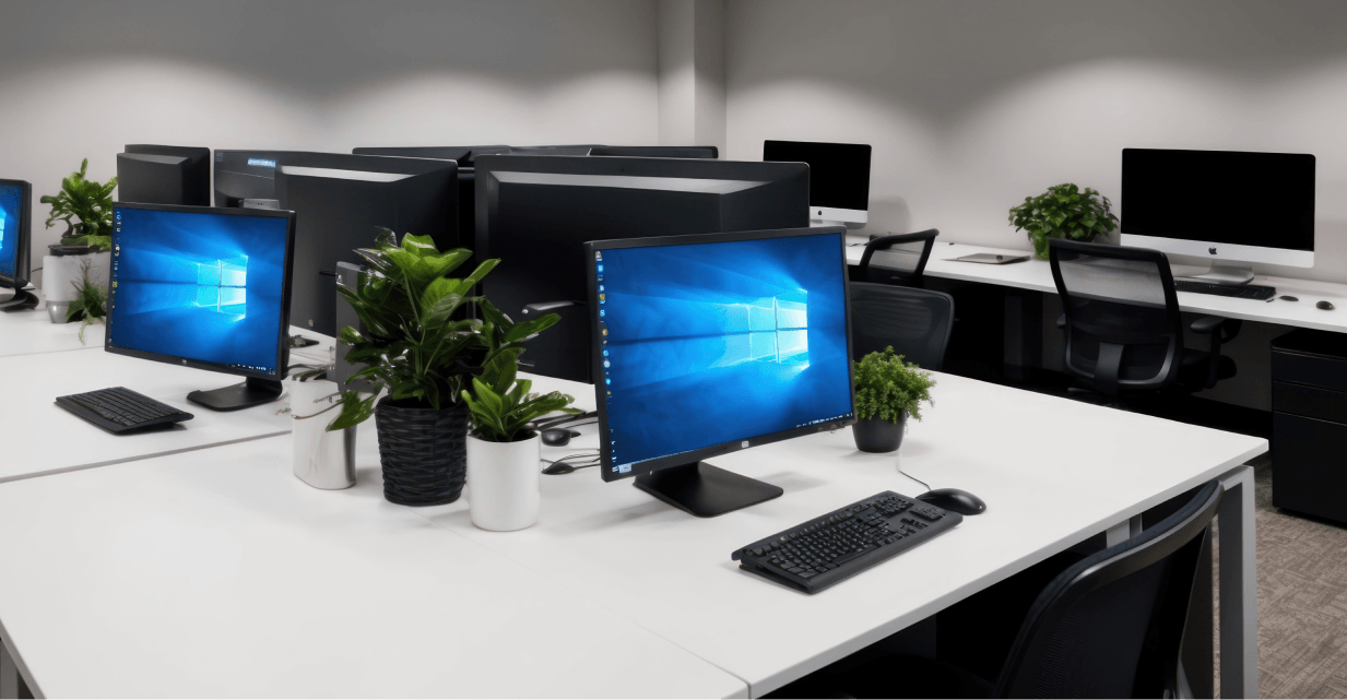 modern office setup with multiple desktop computers